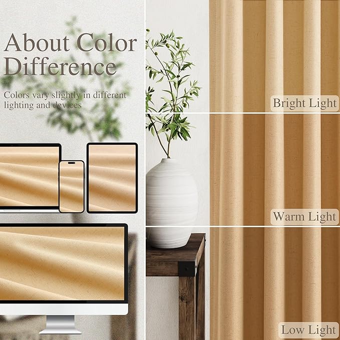 Nanspring Camel Linen Blackout Curtains 84 Inches for Bedroom Modern Farmhouse Living Room Draperies Camel Colored Thermal Insulated Full Shading Curtains for Sliding Door 52x84