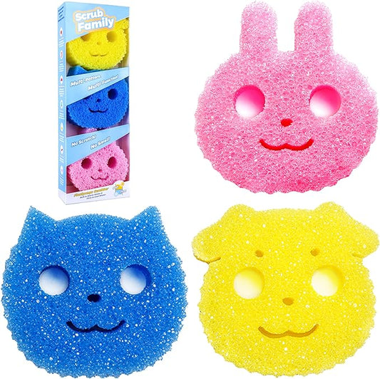 Scrub Family Functional Sponge Scrubber Set - Daddy Mommy Daily Scrub Sponge, Smiley Happy Face, Firm in Cold and Soft in Warm, Scratch Free, No Odor, 3 Cute Animal Patterns (3ct)