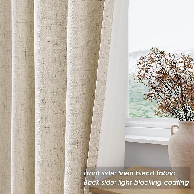 Beige Blackout Linen Curtains 105 Inches Long 2 Panels for Bedroom Back Tab Pinch Pleated Thermal Insulated Black Out Curtains Boho Farmhouse Drop Cloth Room Darkening Curtain Taupe Tan