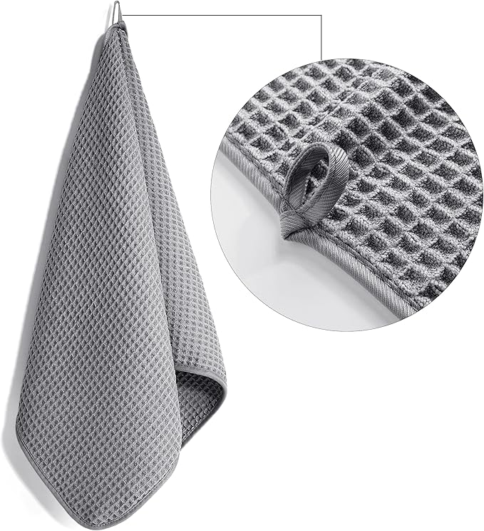 POLYTE Microfiber Lint Free Hand Towel, 16 x 30 in, 4 Pack (Gray, Waffle Weave)