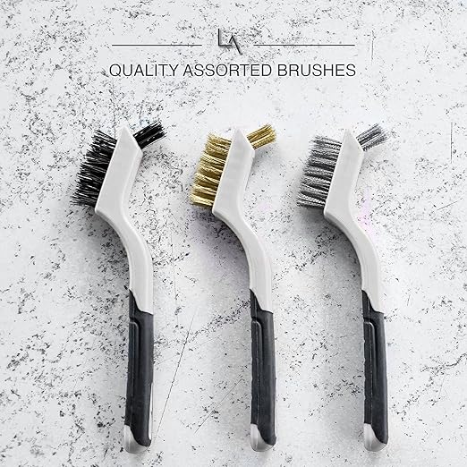 Lavaxon Wire Brush Set 3Pcs - Nylon/Brass/Stainless Steel Bristles with Curved Handle Grip for Rust, Dirt & Paint Scrubbing with Deep Cleaning – 7 Inches (Grey)