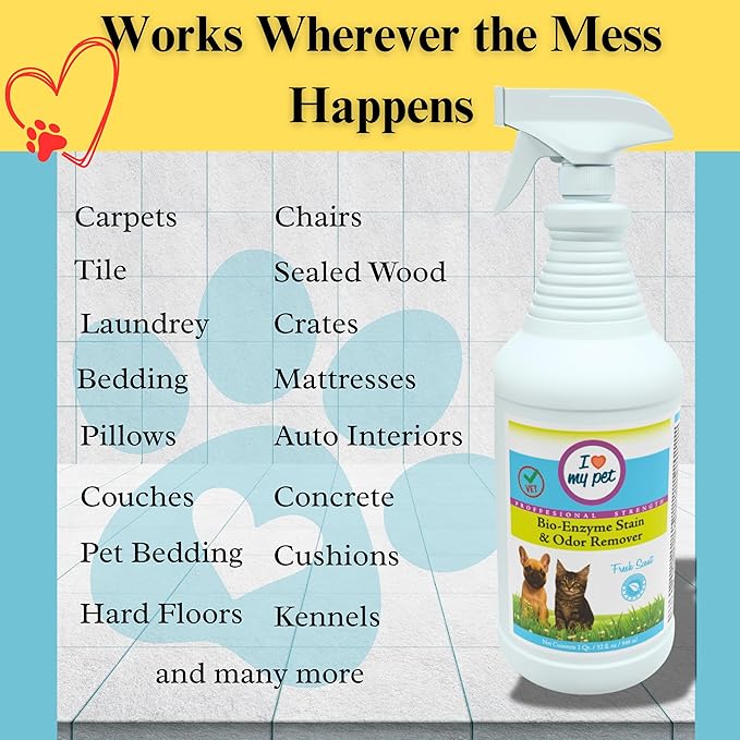 Theochem I Love My Pet Enzyme Stain & Odor Eliminator for Dog & Cat Urine – Professional Strength Cleaner for Carpets, Furniture & Upholstery – Pet-Safe, Works on Set-In Odors – 32 oz