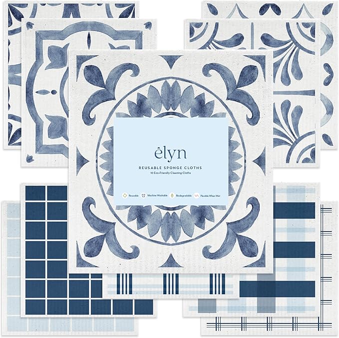 ELYN Swedish Dishcloths, Reusable & Washable Sponge Cloths, Absorbent Cleaning Paper Towels for Kitchen, Dishes, Counters and More, 10 Pack, Assorted Morrocan, Stripe & Plaid Patterns