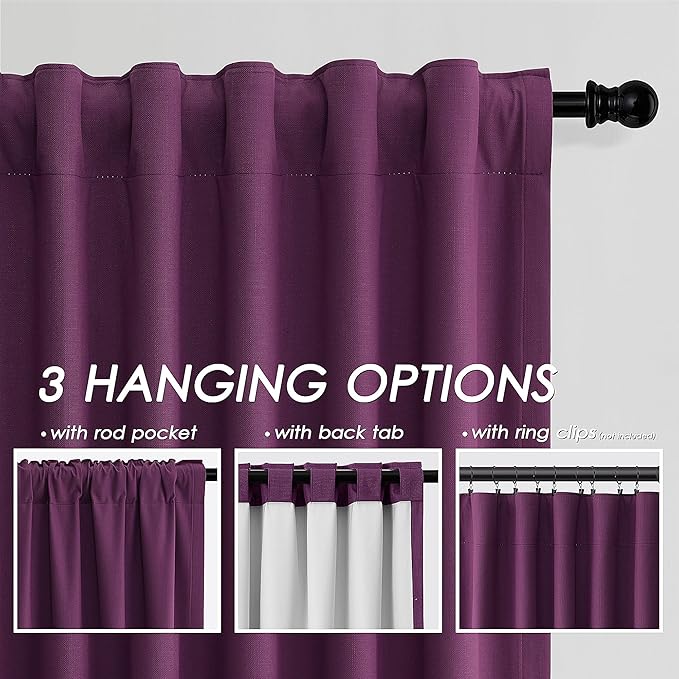 Purple Linen 100% Black Out Curtains 108 Inches Long 2 Panels Set for Bedroom Boho Farmhouse Back Tab Thermal Insulated Energy Efficient Room Darkening Curtains Living Room High Ceiling Length 9 FT