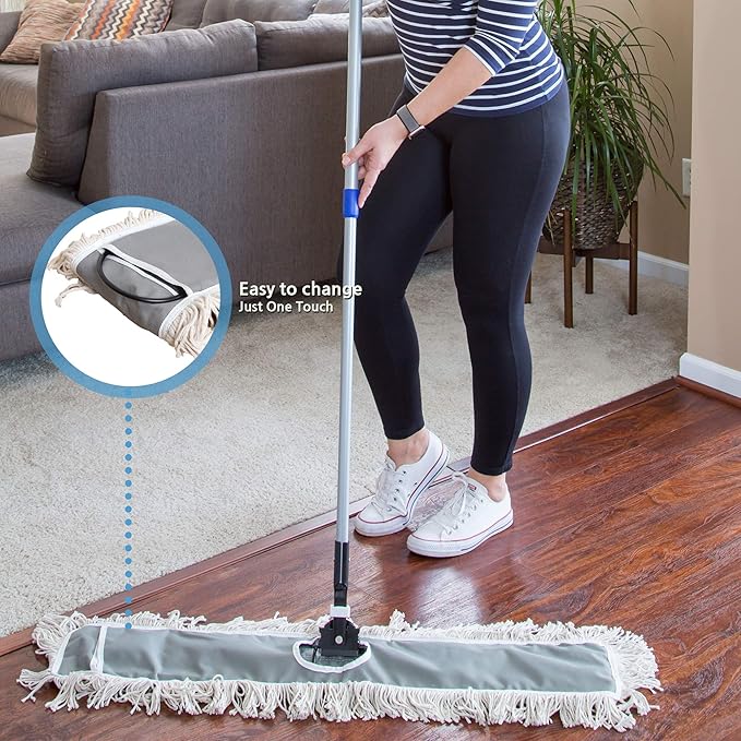 JINCLEAN 36" Industrial Cotton Floor Dust Mop with Adjustable Steel Handle - Commercial Mops for Hardwood, Tiles, Laminate, Vinyl, Garage epoxy, Bamboo Surface Cleaning and Flooring Push Dust Broom