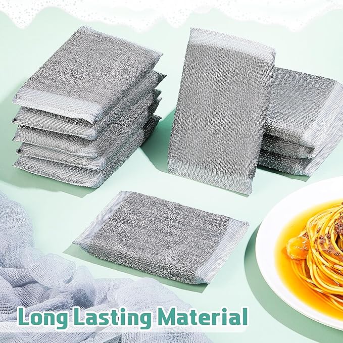 Thyle 12 Pack Steel Scrub Sponges for Dishes Non Scratch Scouring Sponge Multi Use Metal Scrubber Heavy Duty Dish Wash Kitchen Sponge for Pot Dish Washing Hard Surface Cleaning Tools (Gray)