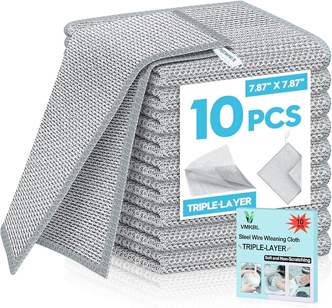 VMKBL 10 Pcs New Upgraded 3 Layers Non Scratch Wire Dishcloth, Multipurpose Wire Dishwashing Rags, Wet & Dry for Cookware, Sinks, Dishes, Stoves & Fireplaces (7.87 x 7.87-10pcs)