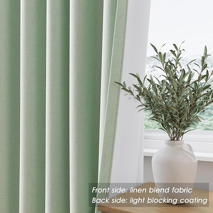 Aqua Green Linen Curtains 102 Inches Long Back Tab Rod Pocket Flax Linen Drapes Sound Absorbing Blackout 2 Panels Set Thermal Insulated for Dining Room Modern Urban Curtains Drapes 52x102