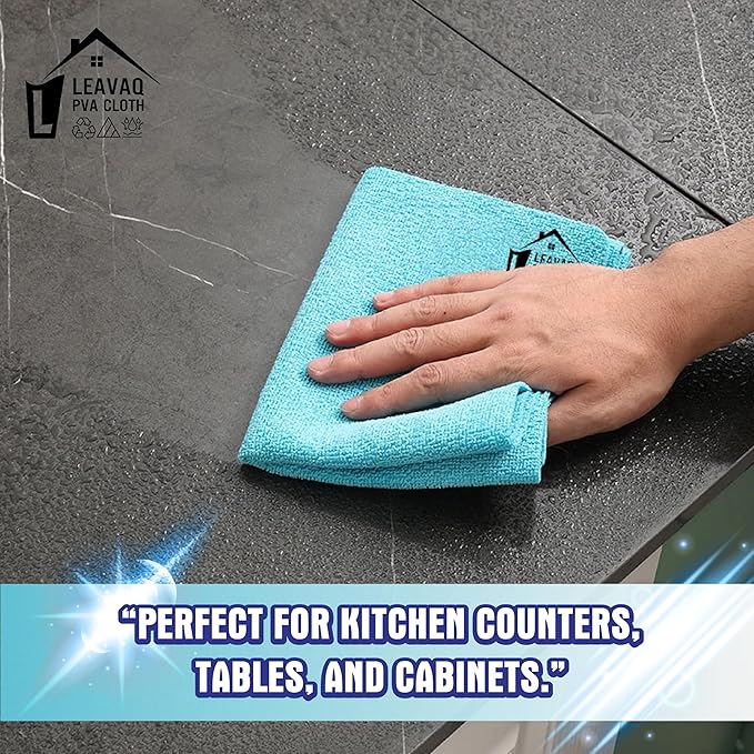 Leavaq 3-Pack PVA Microfiber Cleaning Cloth – 12"x12" Ultra Absorbent, Quick Dry, Streak-Free, Kitchen, Glass, Home & Office