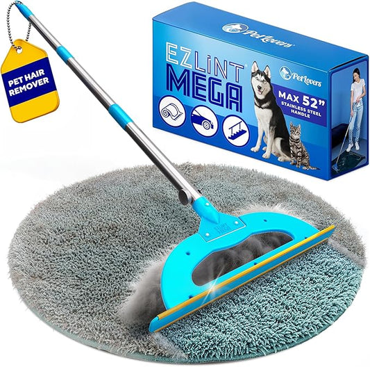 PetLovers EzLint Mega 52" Carpet Rake & Pet Hair Removal Tool – Dog & Cat Hair Remover Broom with Adjustable Handle & Extra Wide Head for Carpets, Rugs & Stairs Ocean Blue