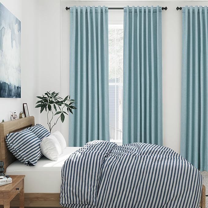 Light Blue Linen Blackout Curtains 120 Inch Length 2 Panels Set Burg Extra Long 10 Ft Back Tab Pocket Drapes Cotton Textured Total Sun Blocking Curtains for Living Room Cottage High Window 52x120