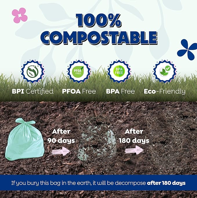 KOMPOSTABLES BPI 100% Home Compostable Kitchen Trash Bags, 13 Gallon 1.5 Mil Heavy Duty Unscented Plant Based Bags w/Handles, Tall Biodegradable Garbage, Compost & Food Scrap Waste Can Liners, 35 Ct