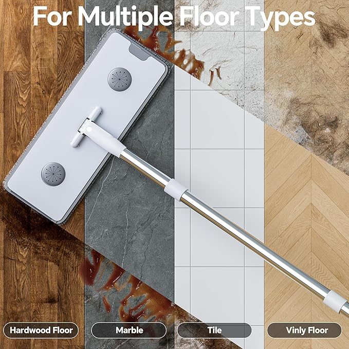 CTIME Large Mop and Bucket Set, 7-Layer Scrapers, Flat Mop and Bucket System, Wall Mop with Adjustable Handle, 7 Washable 15.74" Microfiber Pads