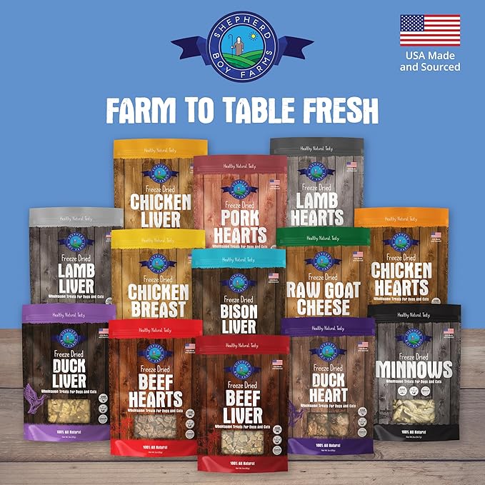 Shepherd Boy Farms Freeze Dried Dog and Cat Treats, Chicken Heart, All Natural Freeze-Dried Dog Treat & Snacks, Made in USA, High in Protein, Single Ingredient, Made in The USA, 3oz