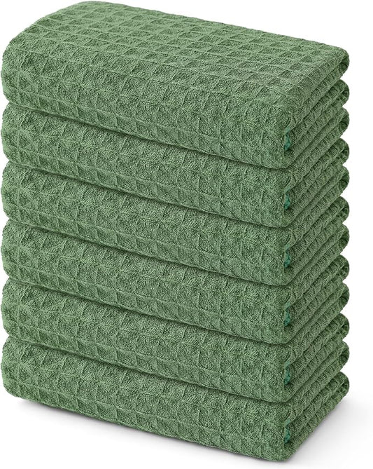 Homaxy Microfiber Waffle Weave Kitchen Towels, 16 x 28 Inch Ultra Absorbent and Solid Color Dish Towels, 6 Pack, Grass Green