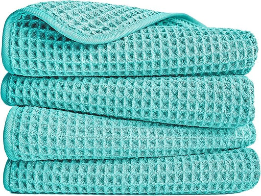 POLYTE Microfiber Lint Free Hand Towel, 16 x 30 in, 4 Pack (Aqua, Waffle Weave)