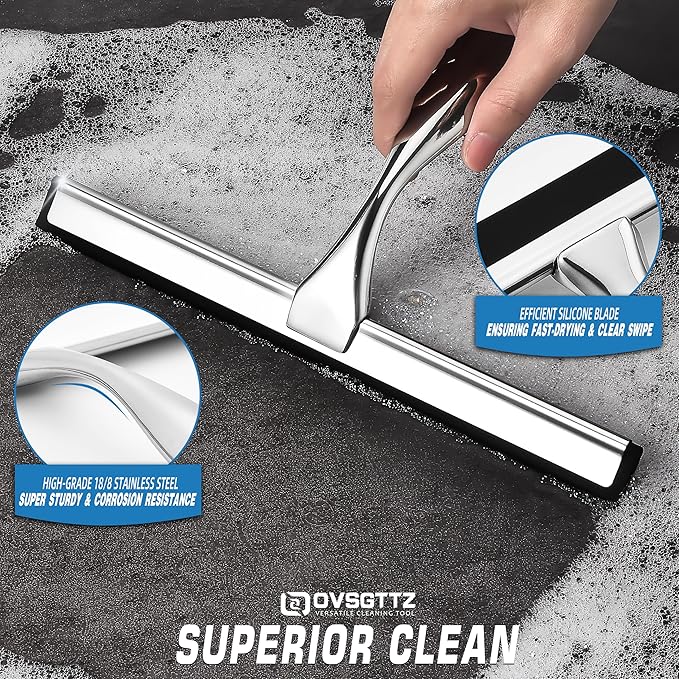 OVSGTTZ Stainless Steel Shower Squeegee for Glass, Includes 3 Adhesive Hooks, Shower Door Squeegee for Bathroom, Household Window, Car Windshield, Mirrors, Tiles Scrubber Clear, 12 inch, Silver