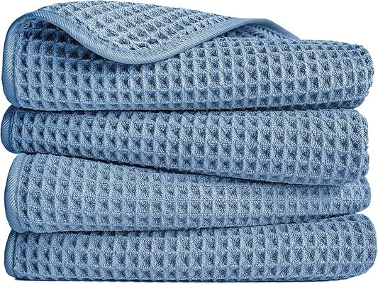 POLYTE Microfiber Lint Free Hand Towel, 16 x 30 in, 4 Pack (Blue, Waffle Weave)