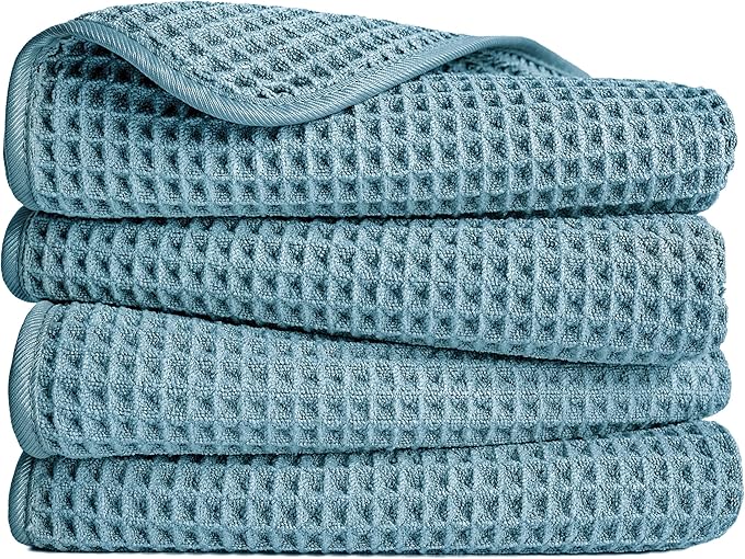 POLYTE Microfiber Lint Free Hand Towel, 16 x 30 in, 4 Pack (Green, Waffle Weave)