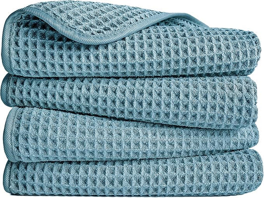 POLYTE Microfiber Lint Free Hand Towel, 16 x 30 in, 4 Pack (Green, Waffle Weave)