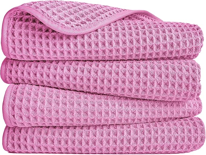 POLYTE Microfiber Lint Free Hand Towel, 16 x 30 in, 4 Pack (Pink, Waffle Weave)