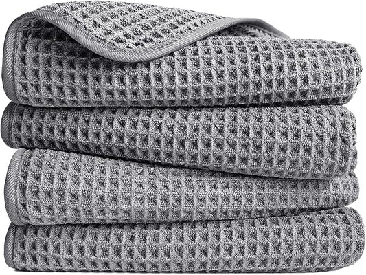 POLYTE Microfiber Lint Free Hand Towel, 16 x 30 in, 4 Pack (Gray, Waffle Weave)