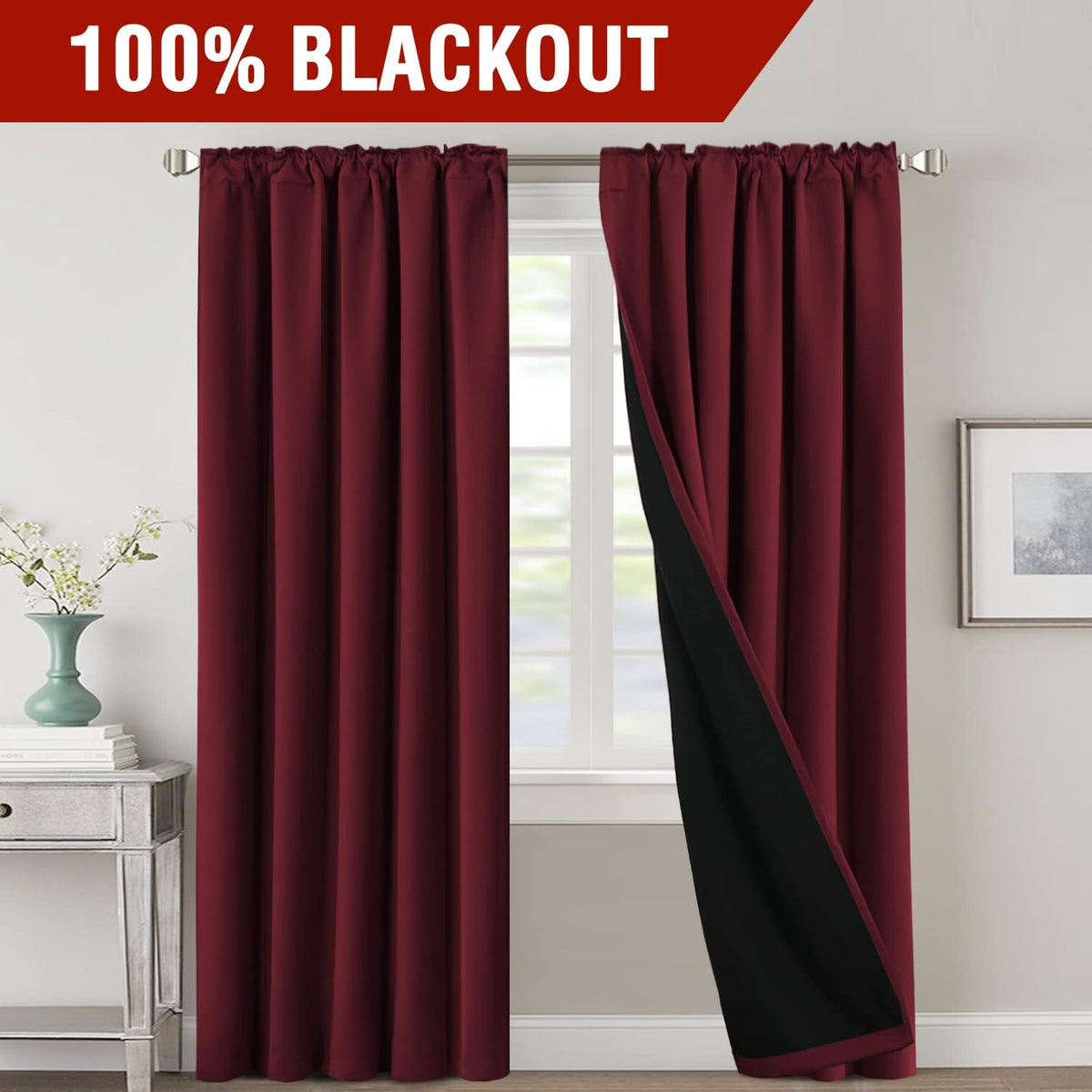 H.VERSAILTEX 100% Blackout Curtains for Bedroom with Black Liner Full Room Darkening Curtains 84 Inches Long Thermal Insulated Back Tab/Rod Pocket Window Drapes for Living Room, 2 Panels, Burgundy
