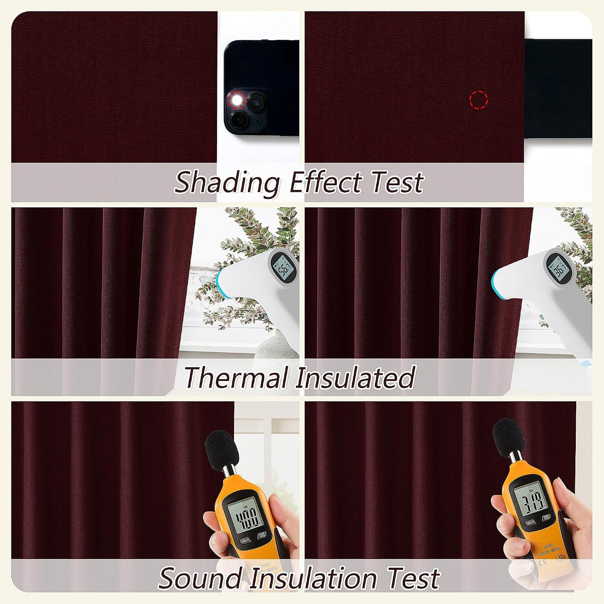 100% Blackout Burgundy Linen Curtains 84 Inch Long 2 Panels
7 ft, Back Tab, Thermal Insulated Room Darkening, Black Out Window Drapes for Bedroom Living Room, W52xL84