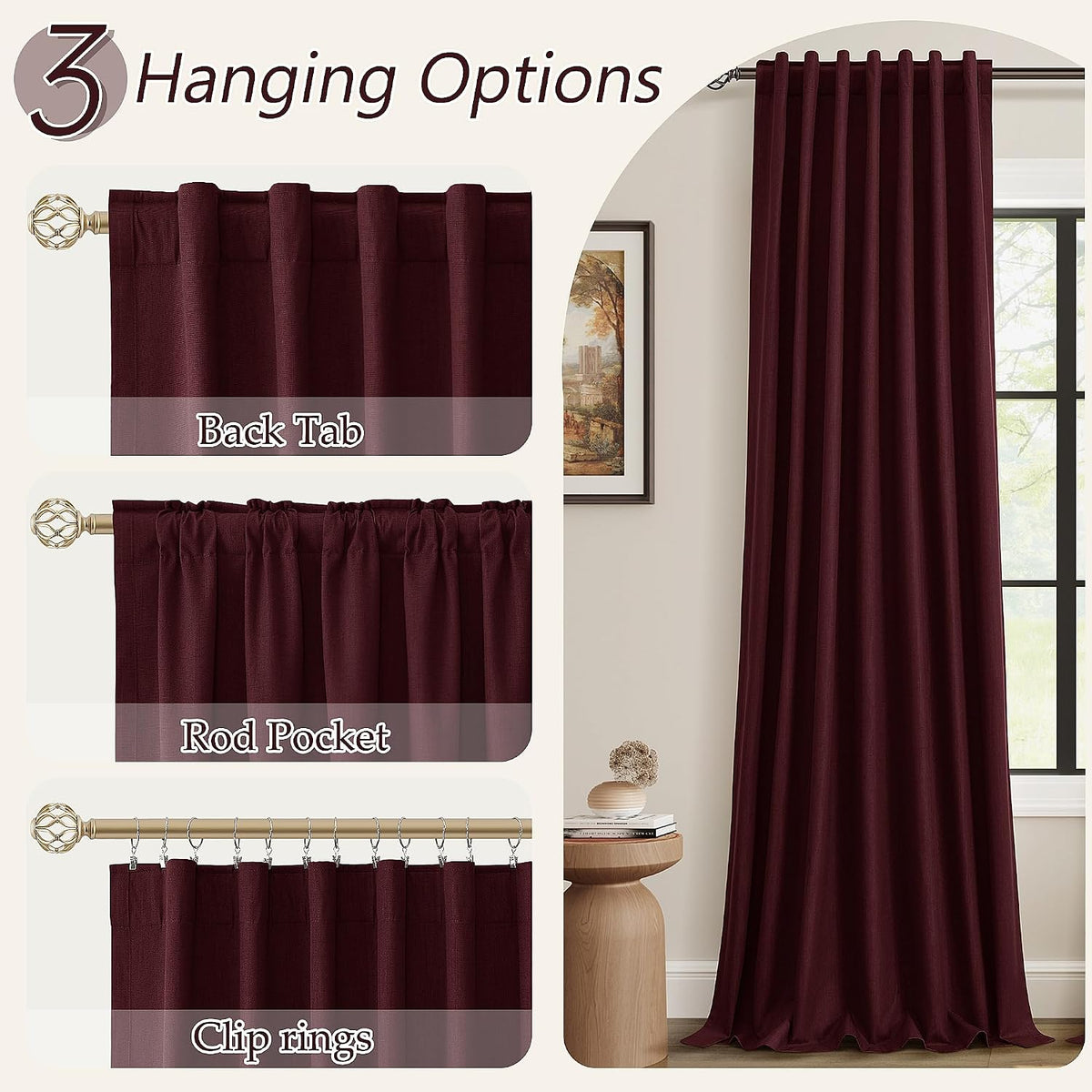 100% Blackout Burgundy Linen Curtains 84 Inch Long 2 Panels
7 ft, Back Tab, Thermal Insulated Room Darkening, Black Out Window Drapes for Bedroom Living Room, W52xL84