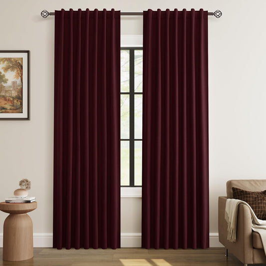 100% Blackout Burgundy Linen Curtains 84 Inch Long 2 Panels
7 ft, Back Tab, Thermal Insulated Room Darkening, Black Out Window Drapes for Bedroom Living Room, W52xL84
