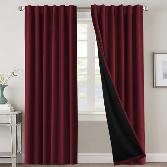 H.VERSAILTEX 100% Blackout Curtains for Bedroom with Black Liner Full Room Darkening Curtains 84 Inches Long Thermal Insulated Back Tab/Rod Pocket Window Drapes for Living Room, 2 Panels, Burgundy