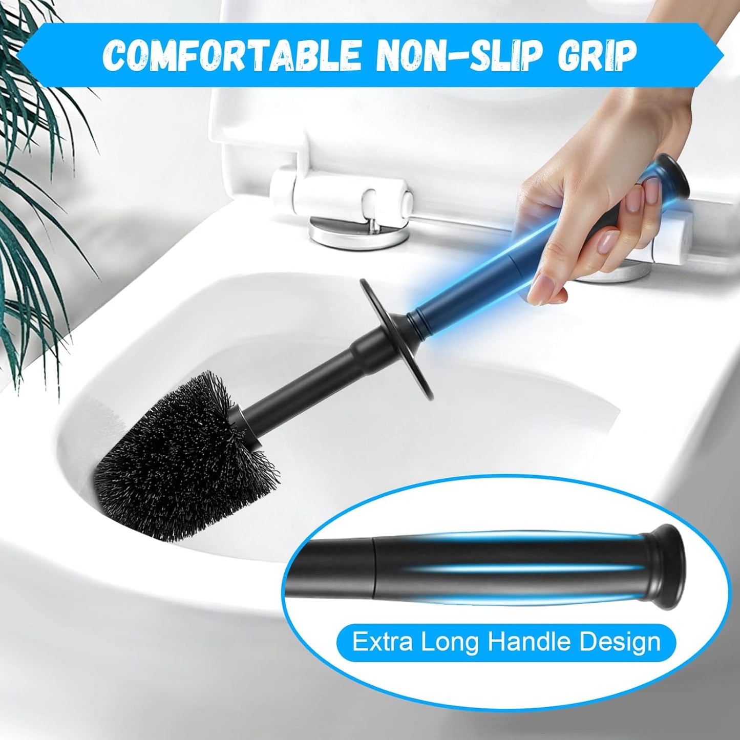 Plastic Toilet Brush, Toilet Brush and Holder Set with Long Handle, Covered Holder and Hard Bristles, Toilet Cleaner Brush for Bathroom and Toilet Cleaning