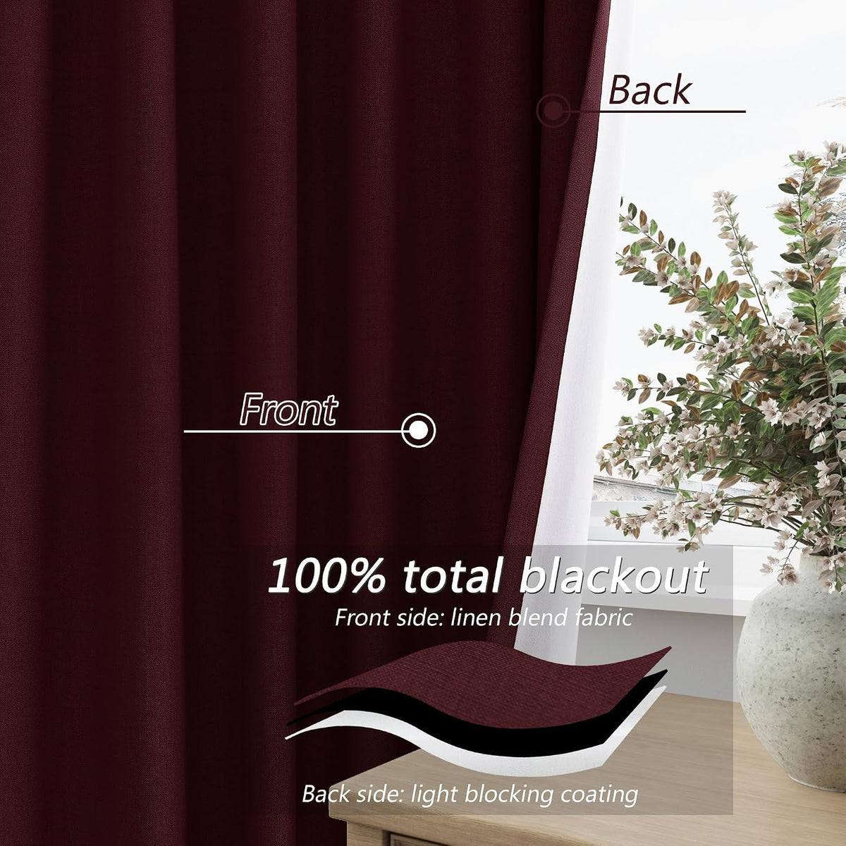 100% Blackout Burgundy Linen Curtains 84 Inch Long 2 Panels
7 ft, Back Tab, Thermal Insulated Room Darkening, Black Out Window Drapes for Bedroom Living Room, W52xL84