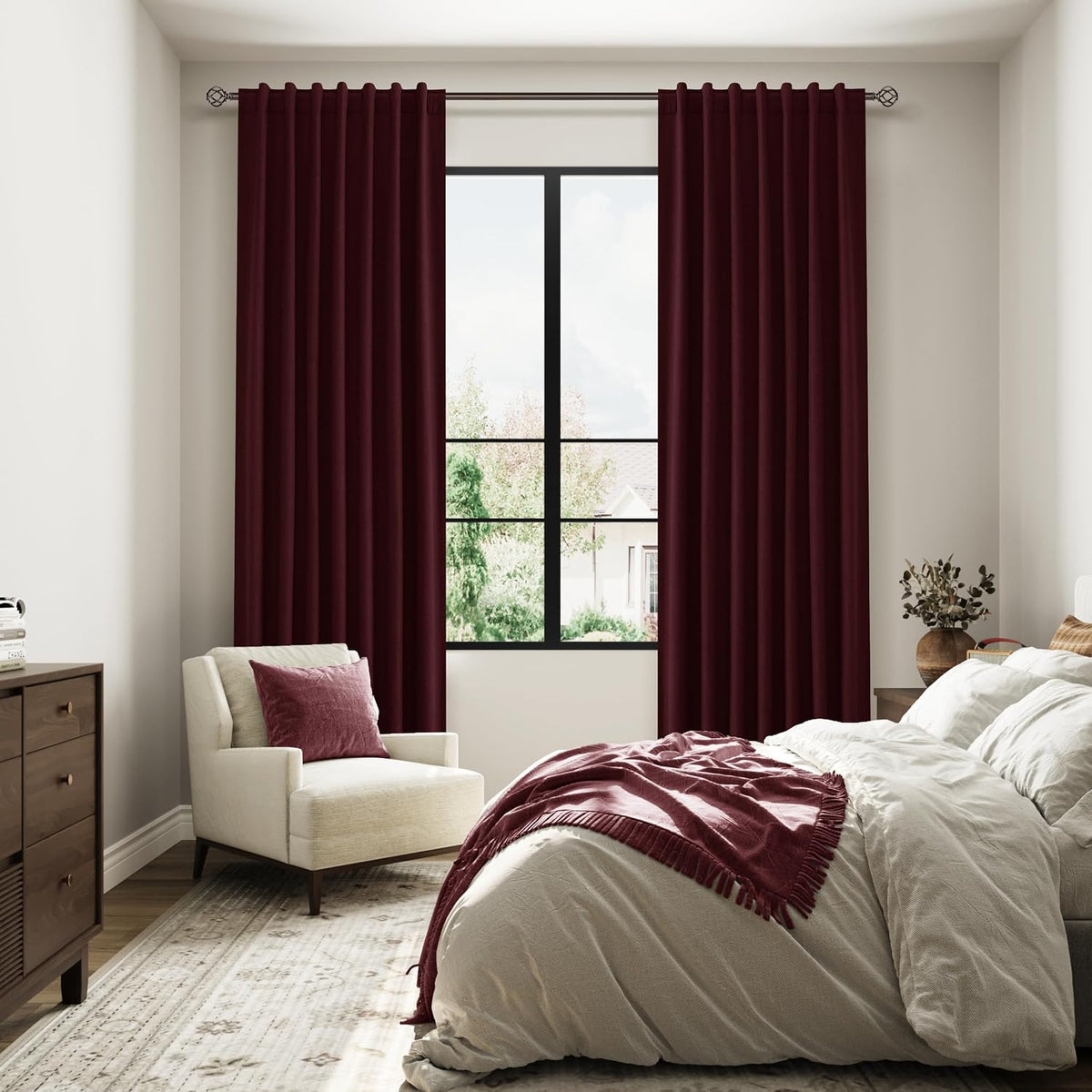 100% Blackout Burgundy Linen Curtains 84 Inch Long 2 Panels
7 ft, Back Tab, Thermal Insulated Room Darkening, Black Out Window Drapes for Bedroom Living Room, W52xL84